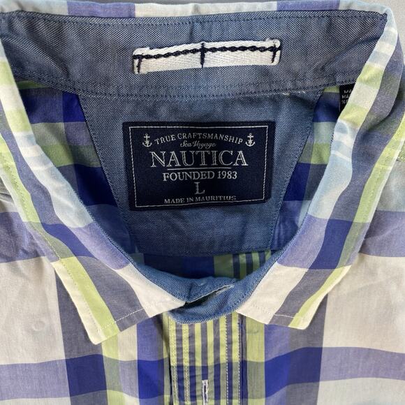 Nautica Plaid Shirt Men's LARGE Blue Green Short Sleeve Cotton - Picture 2 of 9